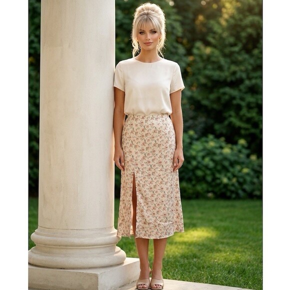 rosie posie Dresses & Skirts - Rosie Posie Skirt Womens Size M Ivory Floral Satin Midi Side Slit Lined